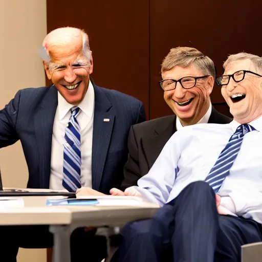 Image similar to stock photo of kim kardashian, joe biden, and bill gates wearing suits and ties laughing in an office building, 8k resolution, full HD, cinematic lighting, award winning, anatomically correct