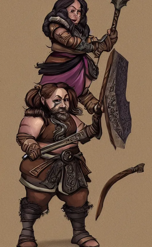 Image similar to Dungeons and dragons character art of a dwarf woman with dark skin and a battleaxe