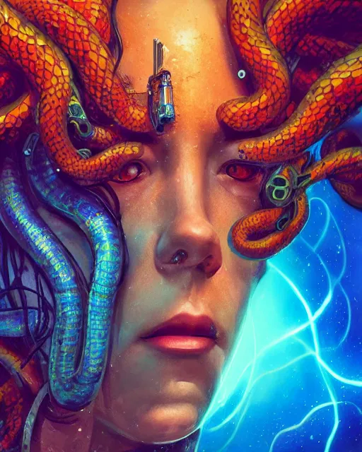 Prompt: a cyberpunk extreme close up portrait of cyborg medusa, electricity, snakes in hair, sparks, bokeh, soft focus, skin tones, warm, blue, sunny sky, by paul lehr, jesper ejsing