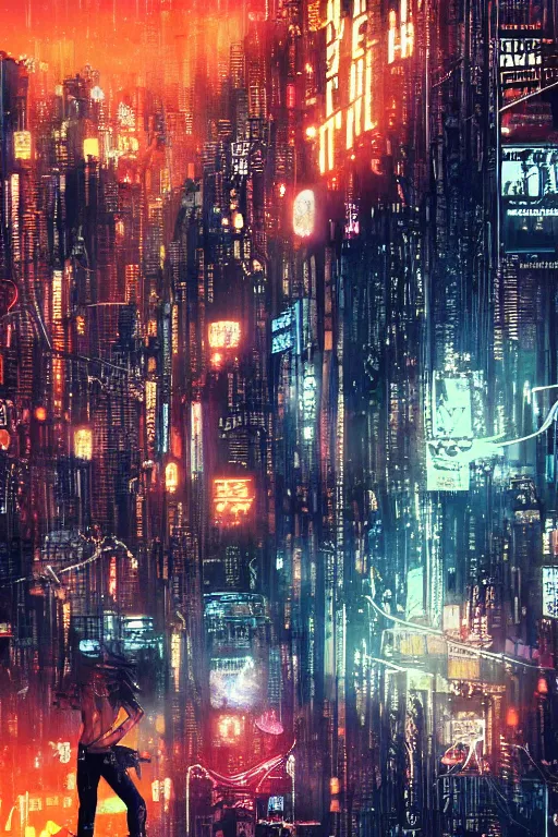 Image similar to movie poster for randypunk, intricate, orange eyes overlooking city, street gang, dramatic lighting, cyberpunk city, epic composition, bladerunner, tatsuki fujimoto