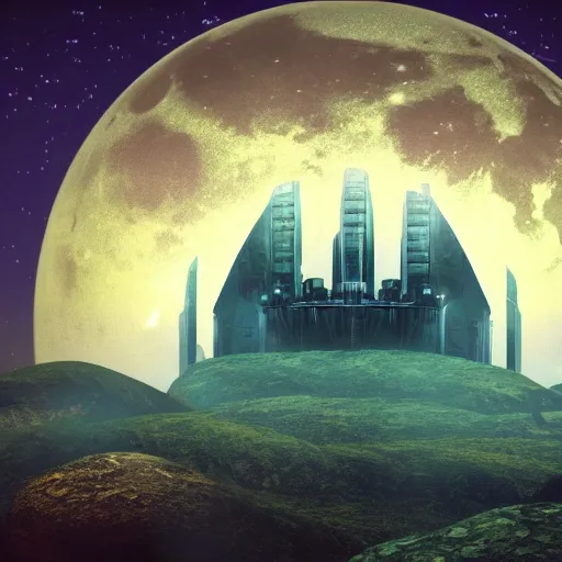 Prompt: sci - fi / fantasy fortress surrounded by moons, retro, crisp, clear, wallpaper