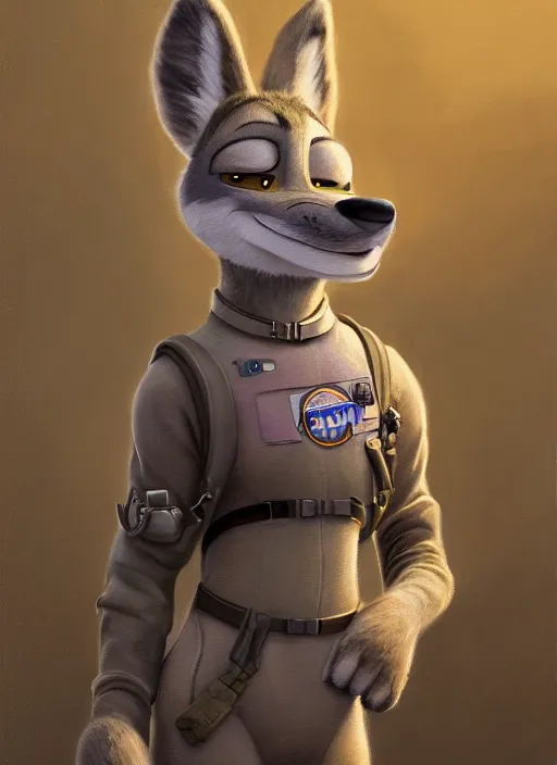 Image similar to oil painting detailed full body of anthromorphic female wolf, in style of zootopia, zootopia, zootopia, fursona, furry, furaffinity, 4 k, deviantart, furry art, fursona art, wearing astronaut outfit, in style of zootopia, wolf fursona, cyberpunk, female, expressive, detailed feminine face,