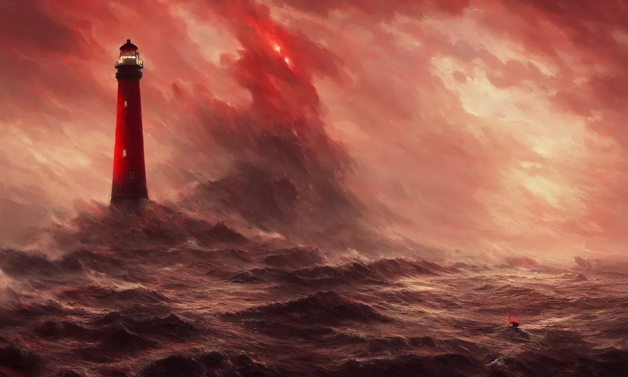 Prompt: a beautiful painting of a lighthouse seen at a distance shining it's light across a violent tumultuous sea of red blood by john blanche and greg rutkowski, trending on artstation, midjourney