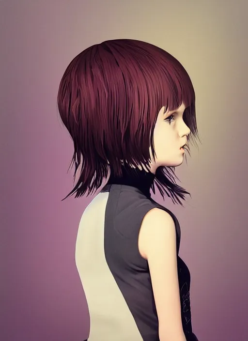 Prompt: little girl with an eccentric haircut wearing an dress made of feathers, artwork made by ilya kuvshinov, full character