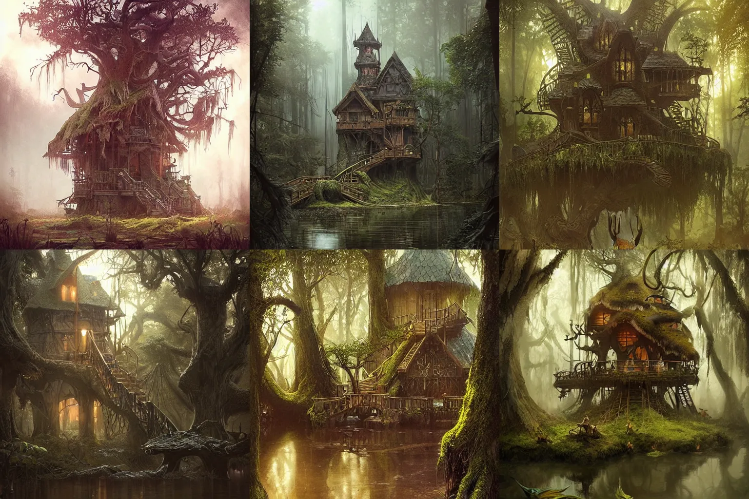 Prompt: “a treehouse academy built in a brooding swamp, fantasy swamp creatures nearby, D&D, fantasy, intricate, cinematic lighting, highly detailed, digital painting, artstation, concept art, smooth, sharp focus, illustration, art by Artgerm and Greg Rutkowski and Alphonse Mucha”