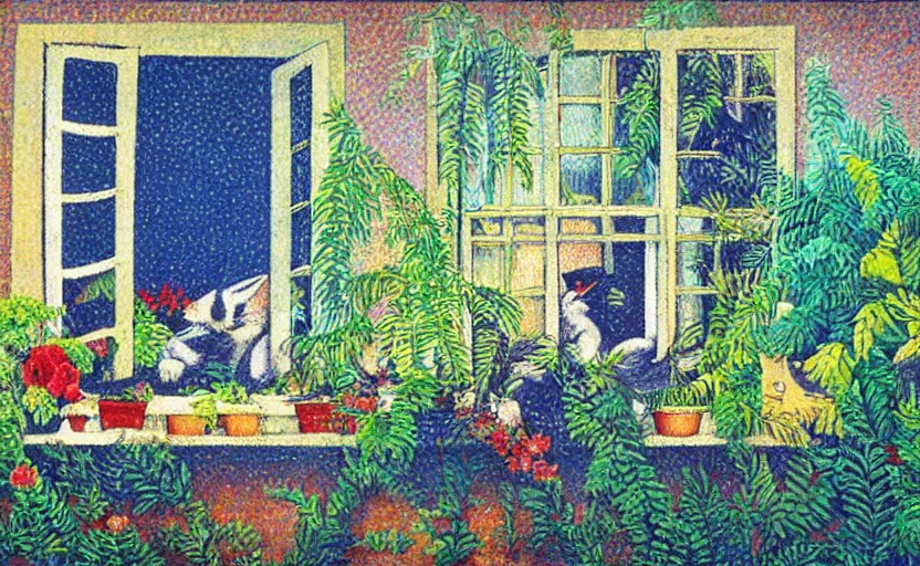 Prompt: sleeping cat on window, inside house in village, plants, tint colors, romantic vibe, divisionism and pointillism style