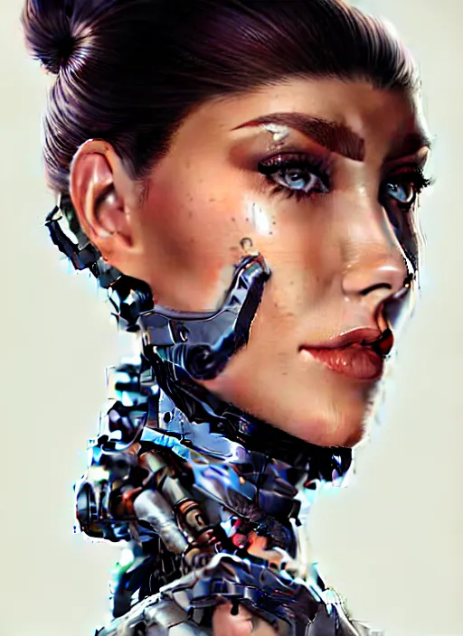 Prompt: portrait of a cyborg woman who turns her head to the ((((((right))))) left+350.1 (((((up))))) (((((down))))) by Artgerm,eyes closed , biomechanical, hyper detailled, trending on artstation