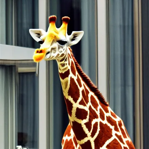 Image similar to foreground, giraffe girl. she has a very long neck and is fluffy. wool. beautiful attire. she looks in the windows. on the 3 rd floor. hyper - realistic photo. fantasy