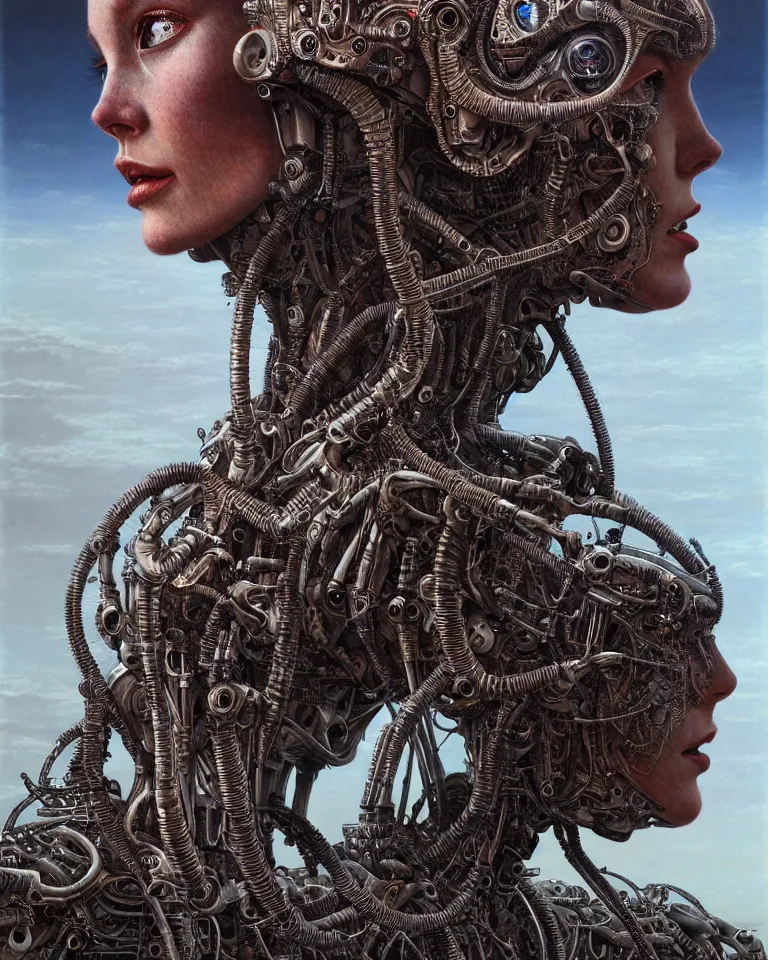 Image similar to ultra realist intricate detailed portrait of an attractive female turning into a cyborg in an alien landscape, insanity, accurate features, apocalyptic, very intricate details, 8 k resolution, dim lighting, volumetric lighting, artstyle, zdzisław beksinski and keith thompson, award winning