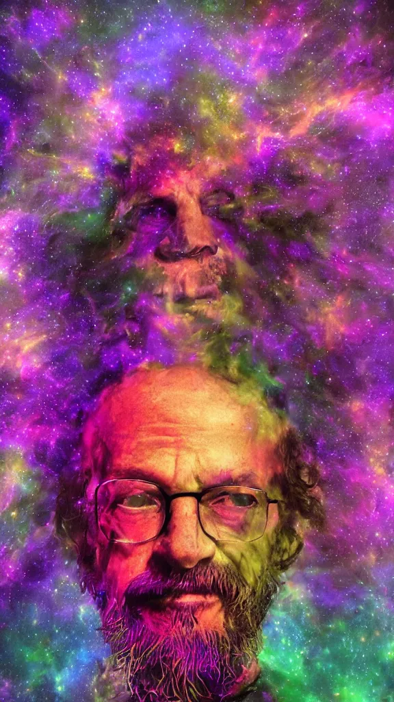 Image similar to terrance mckenna protrait in a nebula with fractals and mushrooms, vivid psychadelic colorful purple, 8 k, high deatil, artstationhd, smoke mirrors