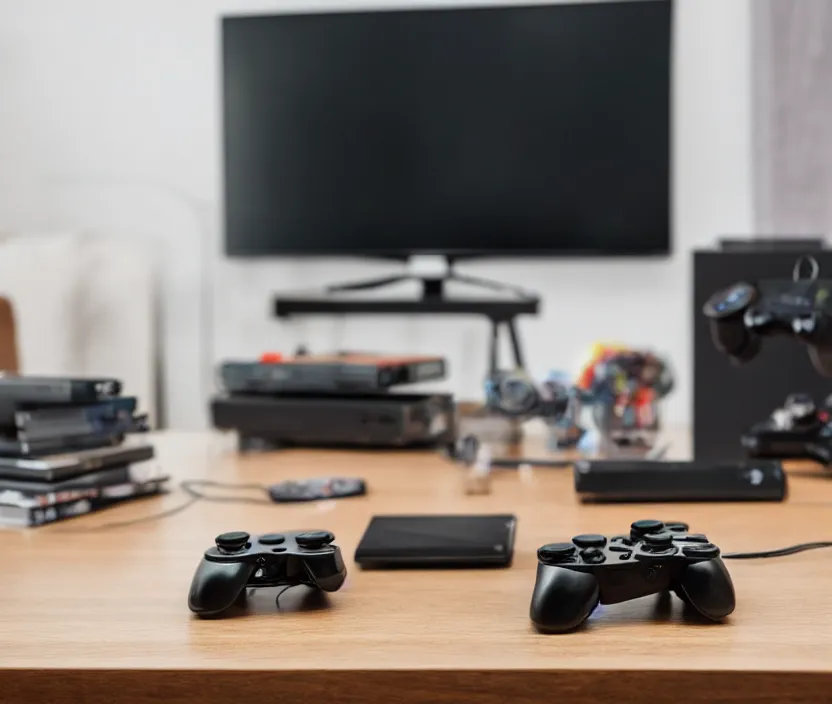 Image similar to game controller sitting on a table with a TV in the background, modern room, depth of field, high detail, complex