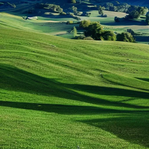 Prompt: perfectly mowed green empty hills with scattered doors opening to massive sky portals