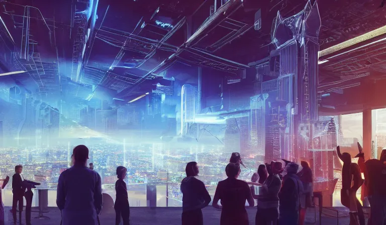 Image similar to group of people in simple warehouse, looking at hologram of futuristic city on a table, cinematic concept art, godrays, golden hour, natural sunlight, 4 k, clear details, tabletop model buildings, center model buildings, hologram center, crane shot, crane shot, crane shot