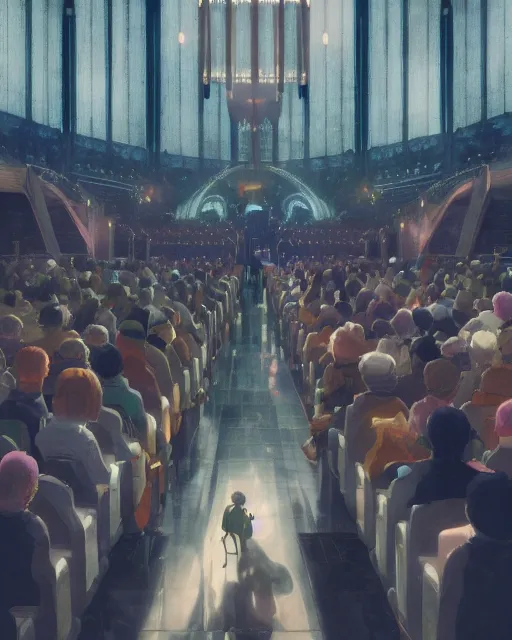 Image similar to ghibli and craig mullins digital matte art of a crowd in a futuristic church, priest, pews, ethereal, inviting, bright, unreal engine, hyper realism, realistic shading, cinematic composition, realistic render, octane render, detailed textures, photorealistic, wide shot