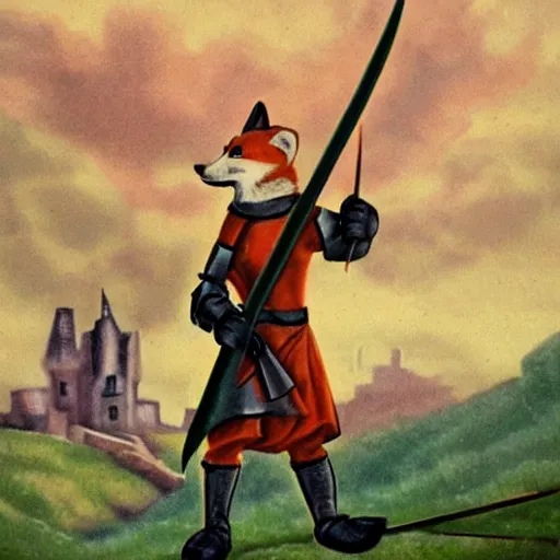 Image similar to anthropomorphic fox!! who is a medieval knight holding a sword towards a stormy thundercloud [ 1 9 3 0 s film still ], castle in the background