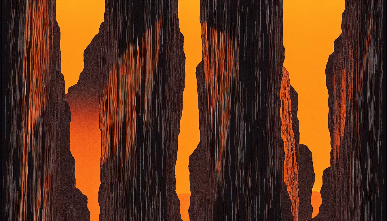 Image similar to slot canyon with light rays by dan mumford and peter doig and edward hopper, symmetrical, minimal, black ink, thick lines highly detailed, muted colours 8 k