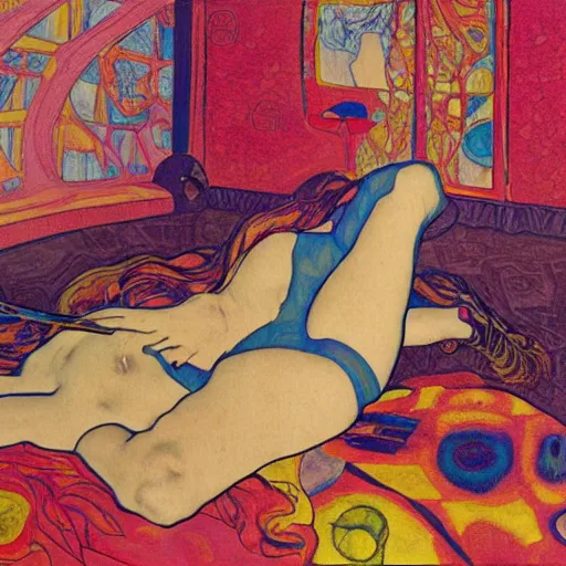 Prompt: rocker goth teen girl laying on the floor, writing on a journal. 1970s colorful psychedelic bedroom. Trippy. Mucha. Stylized. Egon schiele