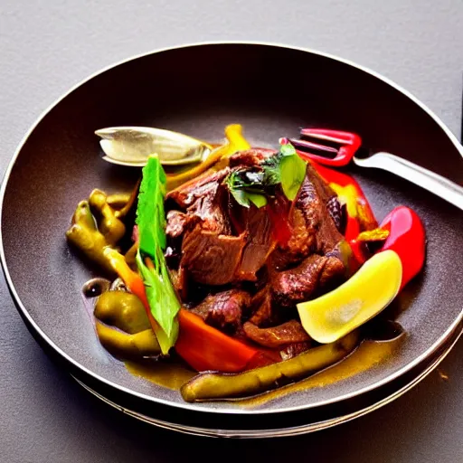 Prompt: lomo saltado, michelin star restaurant, award winning photo, food photography, 4 k