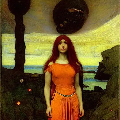 Image similar to portrait of hostile alien visitor, pre-raphaelite painting by john william waterhouse