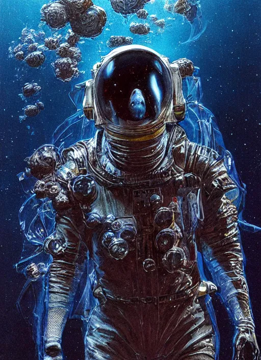 Image similar to astronaut in dark void underwater - complex and hyperdetailed technical suit design. reflection and dispersion materials. rays and dispersion of light. volumetric light. f / 3 2. noise film photo. flash photography. ultra realistic, 5 0 mm. poster by wayne barlowe, hajime sorayama aaron horkey, craig mullins