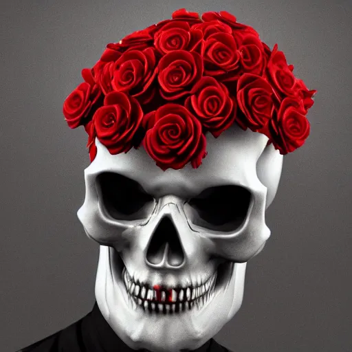 Prompt: skull made of red roses, organic horror, devil, death, giger, epic, baroque, art nouveau, james jean, photorealistic render, 3 ds max + v - ray, extremely detailed and intricate, center composition, elegant, vfx, unreal engine 5, octane render, extremely contrast, extremely sharp lines