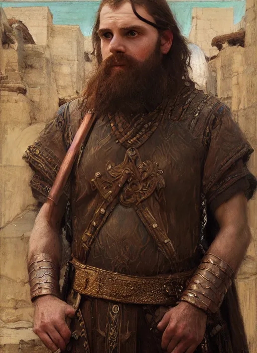 Image similar to gimli. orientalist portrait by john william waterhouse and james gurney and theodore ralli and nasreddine dinet, oil on canvas. cinematic, hyper realism, realistic proportions, dramatic lighting, high detail 4 k