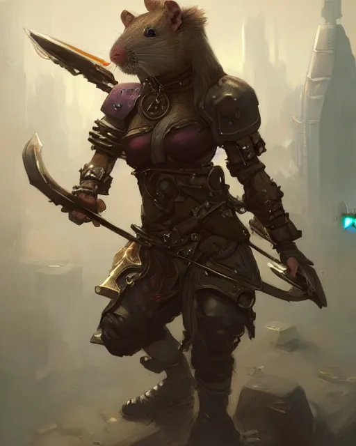 Prompt: cute pet rat short muscular warrior cyberpunk theme medieval, deep focus, d & d, fantasy, intricate, elegant, highly detailed, digital painting, artstation, concept art, matte, sharp focus, illustration, hearthstone, art by artgerm and greg rutkowski and alphonse mucha