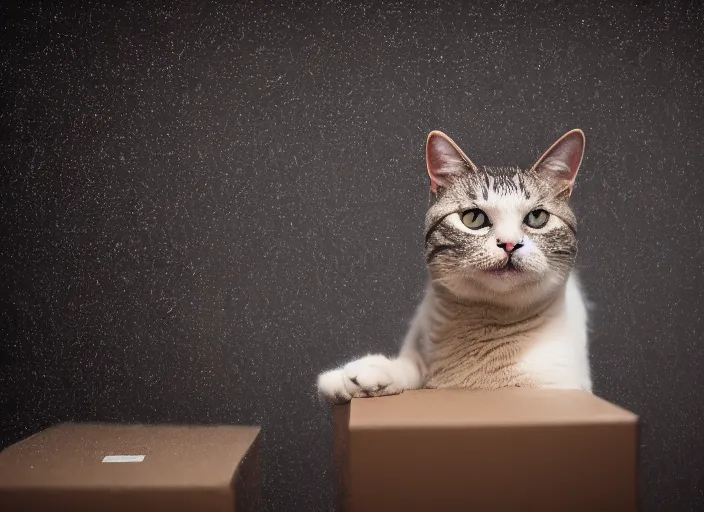 Image similar to photography of a Cat sitting on a box. in a room full of posters, photorealistic, raining award winning photo, 100mm, sharp, high res