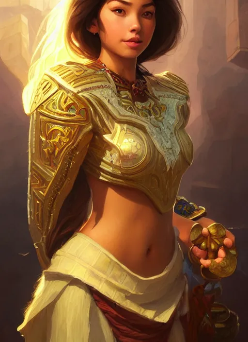 Image similar to portrait of russian mexican asian girl jodhpurs hyperborea lemuria, deep focus, d & d, fantasy, intricate, elegant, highly detailed, digital painting, artstation, concept art, matte, sharp focus, illustration, hearthstone, art by rhads by artgerm and greg rutkowski and alphonse mucha