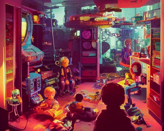 Prompt: IKEA catalogue photo of a cyberpunk children’s bedroom, by Paul Lehr