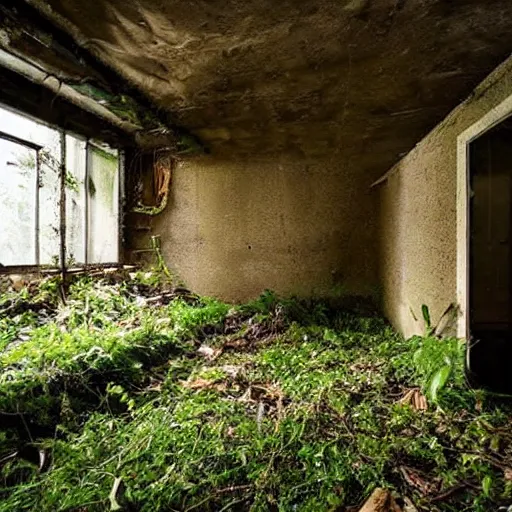 Image similar to abandoned, overgrown, underground bunker. jungle room.