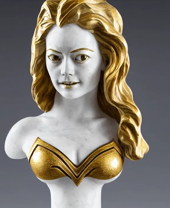 Image similar to a white art nouveau marble and gold sculptural bust of emma stone as wonder woman, wearing a superhero outfit, delicate, intricate, smooth, beautiful, by charles van der stappen