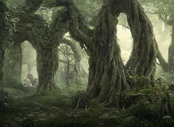 Image similar to secret garden, pathway, scary monster statues, trees with faces, in the style of pan's labyrinth movie, spooky, very dark, concept art, unreal engine 5, matte painting, artstation, caspar friedrich