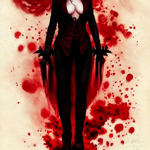 Image similar to portrait of riley keough as a vampire in bloody business suit, blood red eyes, fantasy, intricate, elegant, highly detailed, digital painting, art by aenaluck and roberto ferri and greg rutkowski, epic fantasy, movie poster