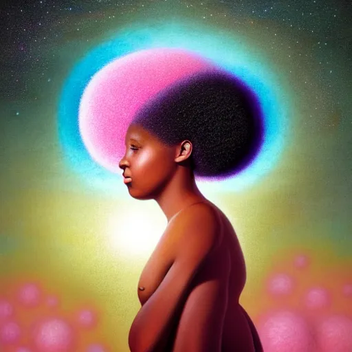 Prompt: AN 8K RESOLUTION MATTE PAINTING OF A BLACK girl with afro puffs IN A FIELD OF GLOWING BUBBLES, bY CHRIS LEIB AND Alan Bean and Agostino Arrivabene in a surreal PORTRAIT style. Vibrant, VIVID COLORS, HIGHLY DETAILED, SYMETRICAL FACE, retro scifi, ASTROPHOTOGRAPHY