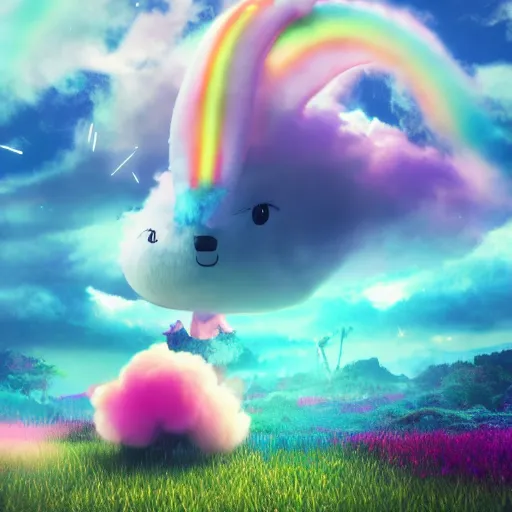 Image similar to cutest huge fantasy cloud animal, with sprouting rainbow hair, hd, japanese anime artist drawn, dlsr, dream animal cute eyes, trending on artstation, cotton candy, octane render, cinematic