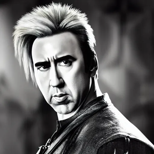 Image similar to buff nic cage playing cloud strife, movie still, digital photography, high quality