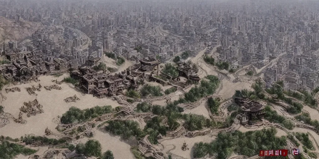 Prompt: overlooking the ancient chinese chang'an city, bauhinia city, movie scenes, epic composition, very detailed