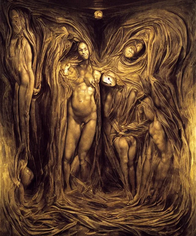 Image similar to The room without doors and windows with beautiful full-body wax sculpture of a glowing transparent woman with visible golden bones inside it in the singularity where stars becoming baroque folds of dark matter by Michelangelo da Caravaggio, Nicola Samori, William Blake, Alex Grey and Beksinski, dramatic volumetric lighting, highly detailed oil painting, 8k, masterpiece