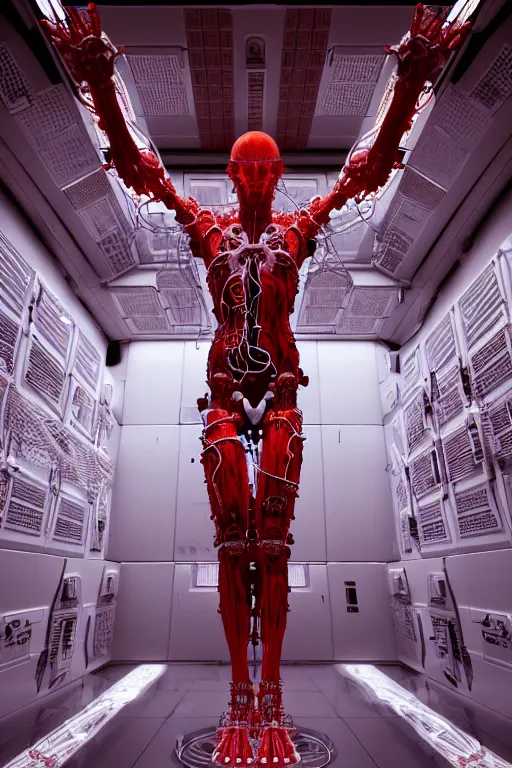 Image similar to high detailed white space station interior a statue jesus on cross made of red marble, perfect symmetrical body, full body shot, inflateble shapes, wires, tubes, veins, jellyfish, white biomechanical details, wearing epic bionic cyborg implants, masterpiece, intricate, biopunk, vogue, highly detailed, artstation, concept art, cyberpunk, octane render