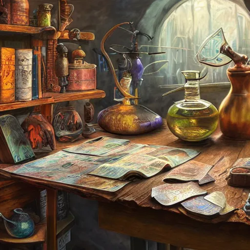 Image similar to hyper real, table, map, wizards laboratory, tony sart, mortar, pestle, scales, energy flowing, magic book, beakers of colored liquid