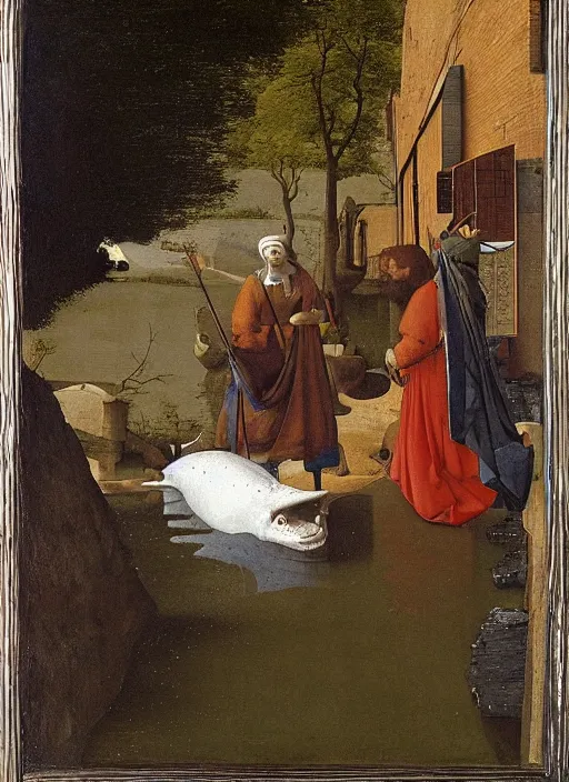 Image similar to into the river, the body seemed to dissolve in water. silver scales, splashed a pointed fin. The water broke ahead obeying the movement of a strong being. medieval painting by Jan van Eyck, Johannes Vermeer, Florence
