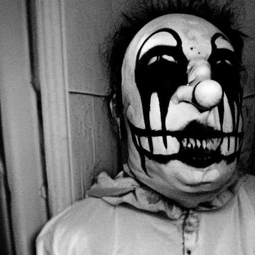 Prompt: terrifying clown in the corner of a dark room, creepypasta, security cam footage