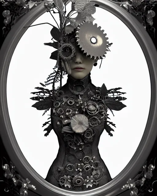 Image similar to monochrome 3 d model, 1 8 7 0 picture, silver mesh floral steampunk biomechanical beautiful young female cyborg with porcelain profile face and a techno eye, volumetric light, leaves foliage and stems, hibiscus flowers, sinuous fine roots, fine foliage lace, alexander mcqueen, rim light, big gothic fashion pearl embroidered collar, octane render, 8 k