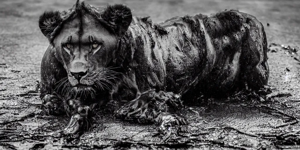 Image similar to a black lioness made of ferrofluid bathing inside the tar pit full of tar, covered with tar. dslr, photography, realism, animal photography, color, savanna, award winning wildlife photography