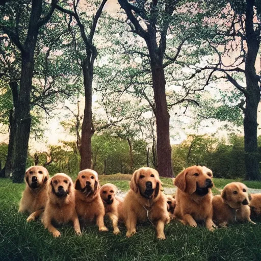 Prompt: “ an army of golden retrievers, looking up at the sky. beautiful woodlands, 4 k ”