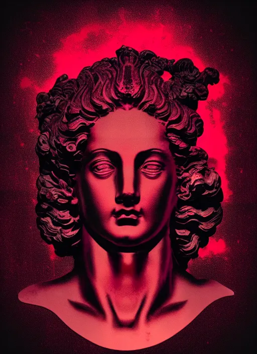 Prompt: black background with subtle red and purple design elements, mostly dark, statue of zeus, nekro, graphic design, collage art, thin lines, dark, glitch art, neo vaporwave, gritty, layout frame, square, trending on artstation