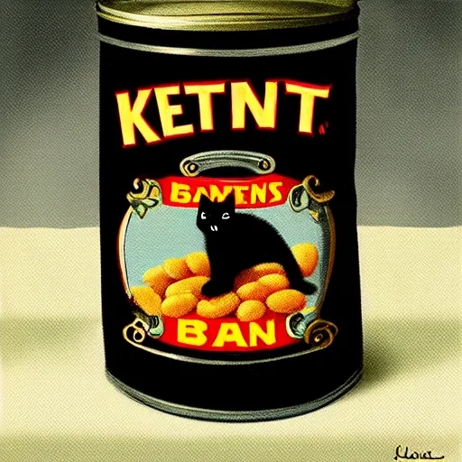 Prompt: black cat in a can of Heinz baked beans, pastel colours, cute digital art