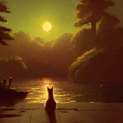 Prompt: a wholesome animation key shot of a cat on a boat close to the shore in the night, medium shot, studio ghibli, pixar and disney animation, sharp, rendered in unreal engine 5, anime key art by greg rutkowski, bloom, dramatic lighting