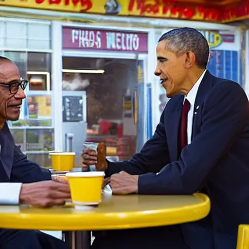 Image similar to blurry film still of obama meeting gus fring at los pollos hermanos, breaking bad scene, octane render, 4k, photorealistic, detailed